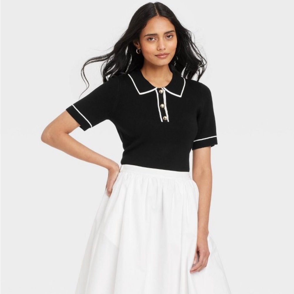 A New Day Women's Short Sleeve Polo Collar Pullover Sweater Black XL